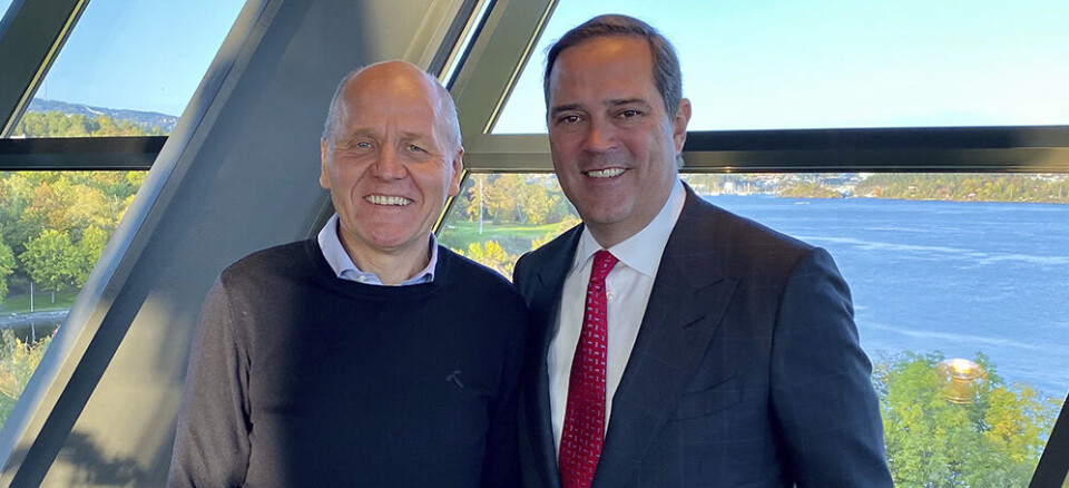 Cisco skal oppgradere Telenors eksisterende mobile kjernenett til å kunne levere førstegenerasjons 5G-nett (Non-stand alone, NSA). Sigve Brekke, konsernsjef i Telenor, og Chuck Robbins, CEO i Cisco, fra et møte på Fornebu i går.