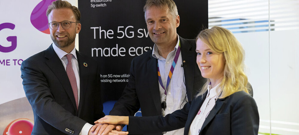 Fra presentasjon av planene i tirsdag: Digitaliseringsminister Nikolai Astrup, adm. dir. i Telia Norge Abraham Foss og Ericssons Jenny Lindqvist, Head of Northern & Central Europe.