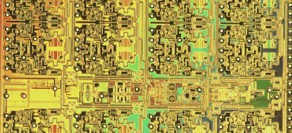 Glimt fra den nye brikken SiGe 9HP som Tektronix skal bruke i fremtidige sanntidsoscilloskop.