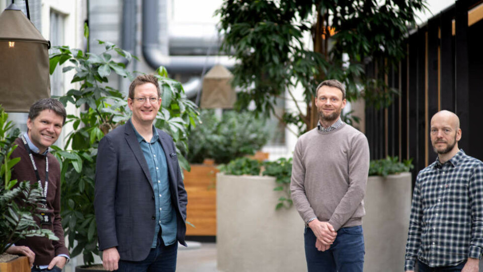 Embida blir del av Inventas. Fra venstre Morten Wexels Riser, avdelingsleder Inventas Trondheim, Ove Pryde Pettersen, daglig leder, Inventas, Torgeir Trøite, gründer, Embida og Vidar Hagen, daglig leder i Embida. Foto: Inventas