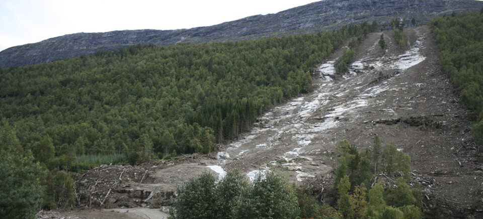 Skred er en av geofarene som skal overvåkes i prosjektet Invison. Bildet viser jordskred i Romsdalen i 2011. Foto: Knut Stalsberg
