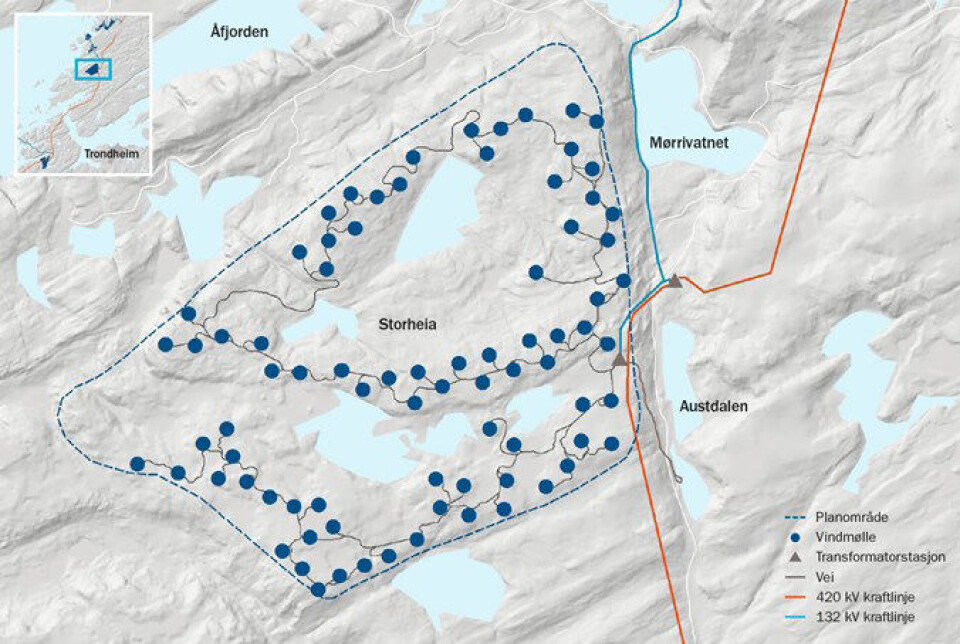 Storheia vindpark blir den største av vindparkene i porteføljen til Fosen Vind, og den andre av vindparkene som blir påbegynt. Vindparken plasseres vest for Fylkesvei 715, om lag 5 km sør for Årnes i Åfjord. (Klikk for større bilde)