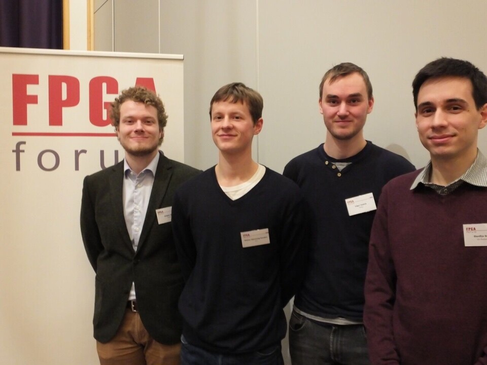 De nominerte til prisen for beste FPGA-relaterte hovedoppgave: F.v. Asbjørn Engmark Espe, Matias Gjestvang Greaker, Edgar Mo Vedvik og Dordije Boskovic.
