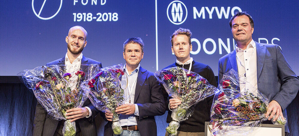 De fire vinnerne: Sven Jørund Kolstø fra OptoScale, Jan Biti fra Nisonic, Julian Veisdal fra Moon Labs og Vegard Wollan fra MyWo.