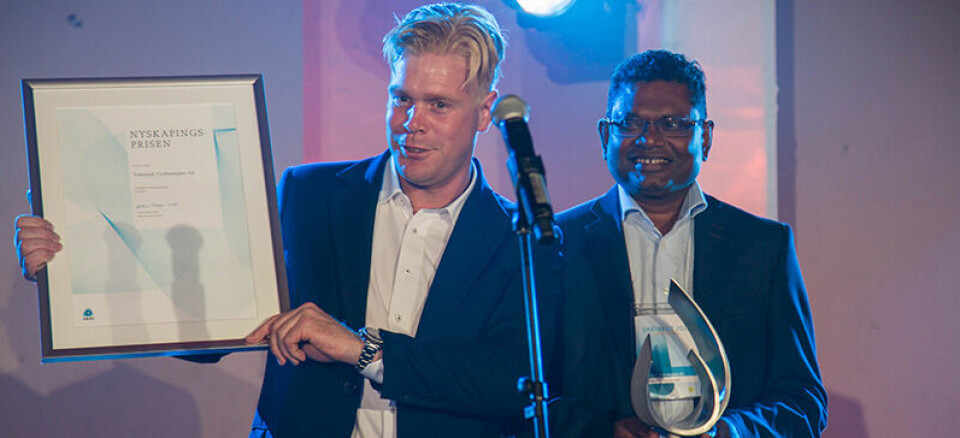 Telemark Technologies fikk NHOs nyskapningspris 2015, her representert ved Torgeir Straand, CEO og Premakumar Thambirajah, COO (Foto: Oscar Birk Hellenes)