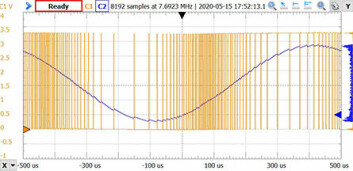 Figur 5: PDM-inngang og filtrert utgang med 500 kHz klokkefrekvens. Tilnærmingen til et sinusbølgesignal er bedre enn med PWM.
