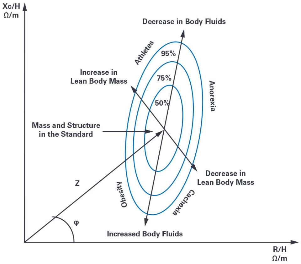 Figur 3. Bioelektrisk impedansvektor - analysetoleranse ellipser. Figur 3. Bioelektrisk impedansvektor - analysetoleranse ellipser.
