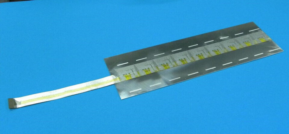 Figur 6: En full stav med 9 ALPIDE ASICs montert på hver sin chip kabel og bondet til flex PCB. Ref: Viatcheslav Borshchov og Ihor Tymchuk.