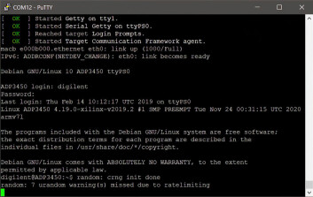 Figur 5: I Linux-modus kan Analog Discovery Pro nås via en seriell terminal. Endre brukernavn og passord etter den første oppstarten. Figur 5: I Linux-modus kan Analog Discovery Pro nås via en seriell terminal. Endre brukernavn og passord etter den første oppstarten.