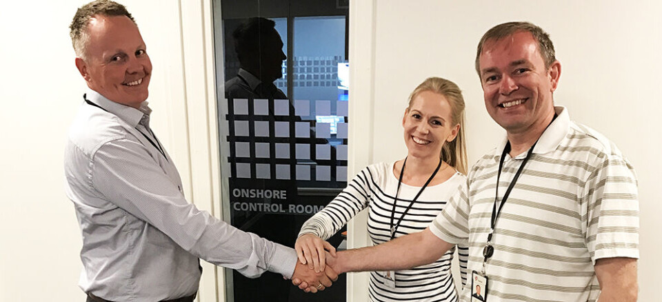Første kommersielle landbaserte ROV-operasjon startet 12. juni. Fra høyre: Statoils representant for ROV service avtaler, Trond Eriksen og Snorre B, Subsea ingeniør, Silje Ramvik sammen med IKM Subsea's operasjonssjef, Jan Vegard Hestnes