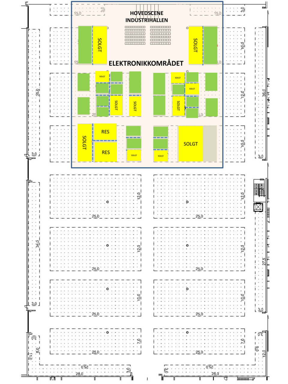 Elektronikkområdet er plassert sentralt i C-hallen (industrihallen), ved at den omkranser hovedsscenen. (klikk for større bilde)