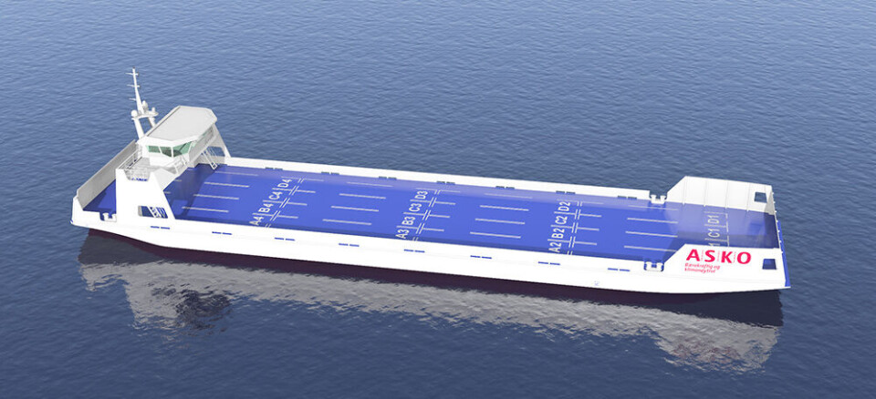 SAMS-deltaker ASKO utvikler autonome sjødroner som skal frakte gods mellom havnene i Moss og Horten. Videre er planen å transportere fra varelager til varelager med elektrisk drevne trailere. Illustrasjon: ASKO/Naval Dynamics