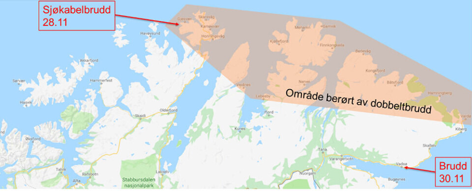 Kartskissen viser området som ble berørt av de to feilene.
