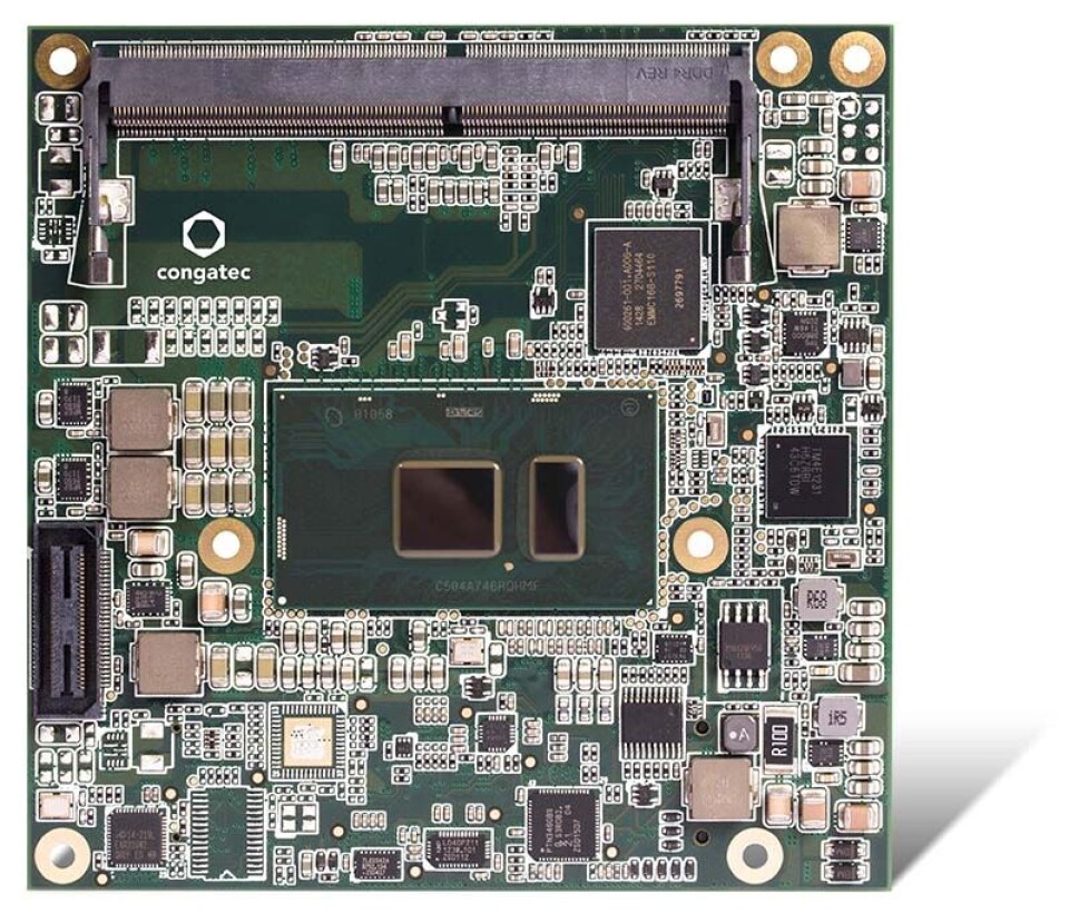 Denne congatec COM Express datamodulen med betegnelsen conga-TC170 er utstyrt med ULV SoC fra 6. generasjon Intel Core i7 / i5 / i3 prosessorer, tiltenkt vifteløs drift; TDP er her konfigurerbar, fra 7.5 til 15 W.