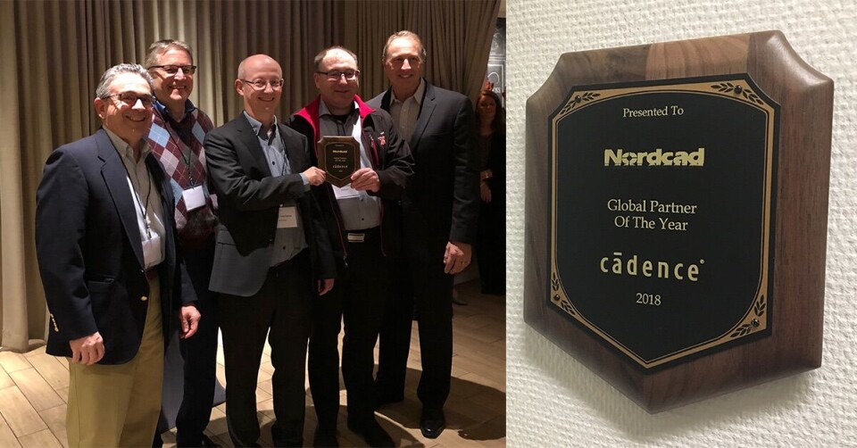 Fra venstre: Charlie Giorgetti, Vice President of Sales, Cadence, Tom Beckley, Sr. Vice President, Custom/General Manager, Cadence, Arvid Thorndahl, CEO, Nordcad, Ole Ejlersen, CTO, Nordcad, Paul Scannell, Corporate Vice President, Cadence.