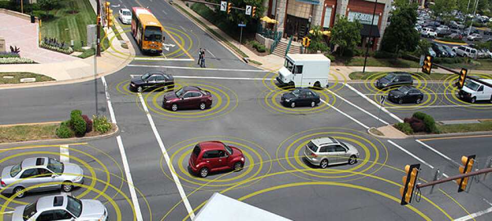 Bil-til-bil-kommunikasjon kommer med WLAN-standarden IEEE 802.11p. Hensikten er å oppnå større sikkerhet i trafikken. (Illustrasjon: U.S. Department of Transportation)