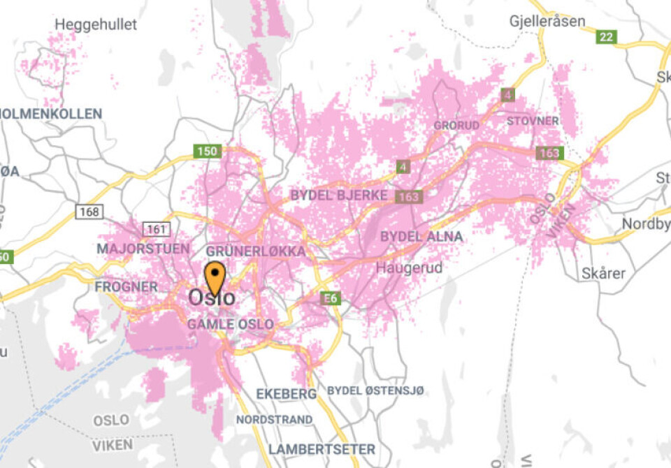 Telias dekningskart over Oslo slik det er i dag.