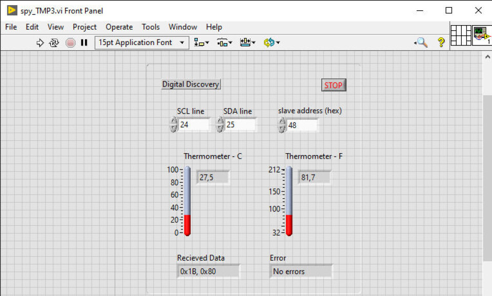 Spionerende I2C-kommunikasjon mellom temperatursensoren og Arduino gjennom Digital Discovery og NI LabVIEW