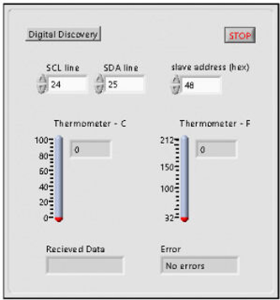 Spionerende I2C-kommunikasjon mellom temperatursensoren og Arduino gjennom Digital Discovery og NI LabVIEW