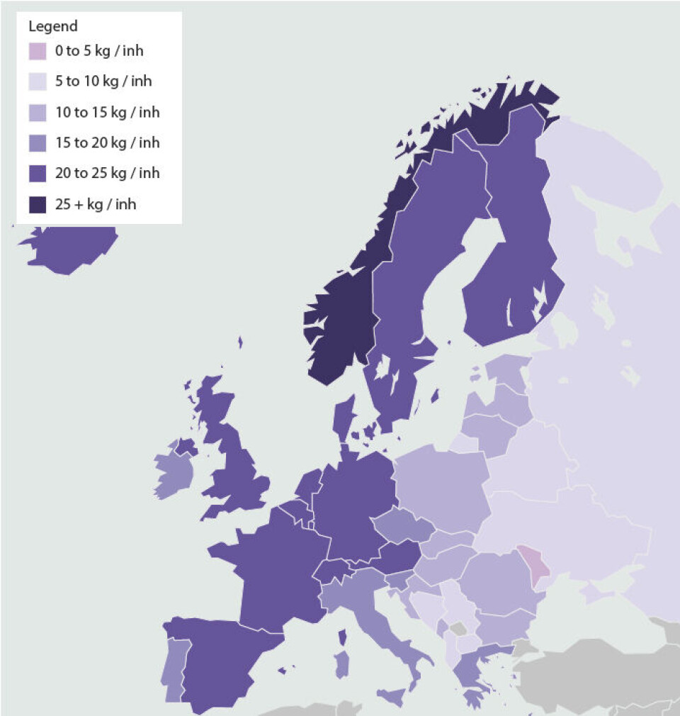 Norge er best på både kast og gjenbruk. Illustrasjonen viser resirkulering av e-avfall i Europa som viser at Norge og Norden ligger på topp. Kilde/illustrasjon: ITU