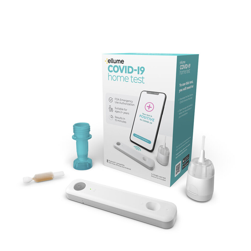 Ellume COVID-19 Home Test bruker ultrafølsom optikk, elektronikk og proprietær programvare for å teste for SARS-CoV-2 med resultatene overført til en smarttelefon via Nordics Bluetooth-tilkobling.