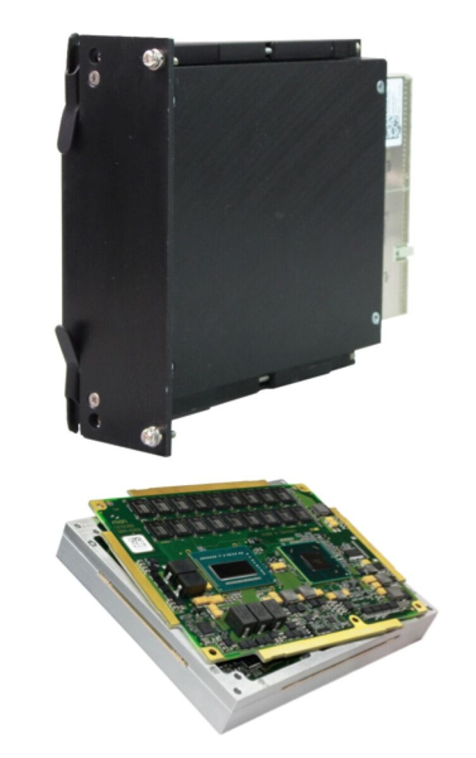 Fig. 5: Forseglet og egnet for ledningsbasert kjøling. CompactPCI kort og Rugged COM Express modul i en CCA ramme.