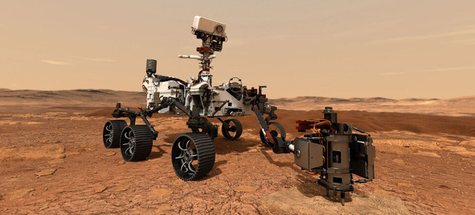 Slik ser Slik ser Nasas nye Mars-kjøretøy ut. 1 tonn fullstappet med avanserte vitenskapelige instrumenter. Illustrasjon: NASA/JPL-Caltech