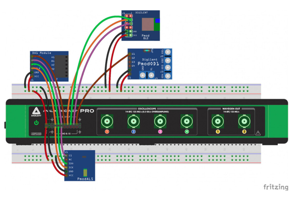 Figur 3: Kobling av de forskjellige Pmod-ene til Analog Discovery Pro. Figur 3: Kobling av de forskjellige Pmod-ene til Analog Discovery Pro.