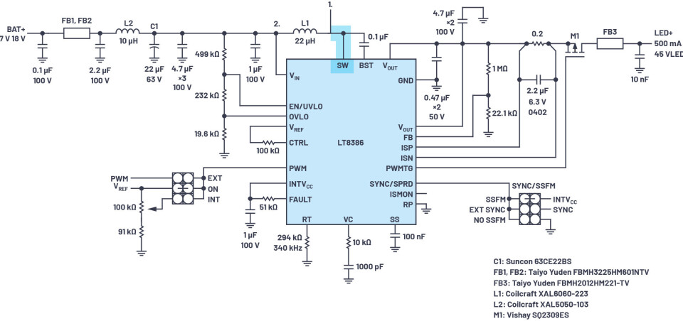 Figur 4. SW-node uthevet i skjematisk visning av DC3008A LT8386 lav EMI LED-driver. Plasser kortsideterminalen ved Orientering 1 og Orientering 2 for å sammenligne de fullstendige utslippsresultatene. Figur 4. SW-node uthevet i skjematisk visning av DC3008A LT8386 lav EMI LED-driver. Plasser kortsideterminalen ved Orientering 1 og Orientering 2 for å sammenligne de fullstendige utslippsresultatene.