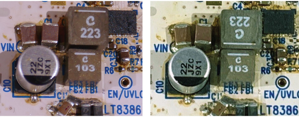 Figur 5. Coilcraft XAL6060-223MEB induktororienteringstest av stråling med en DC3008A LT8386 LED-driver. En L1-orientering 1 (venstre) med kort terminal på SW-noden og L1-orientering 2 (høyre) med lang terminal på SW-noden. Utslippsresultater er vist i figur 6 til og med figur 8. Figur 5. Coilcraft XAL6060-223MEB induktororienteringstest av stråling med en DC3008A LT8386 LED-driver. En L1-orientering 1 (venstre) med kort terminal på SW-noden og L1-orientering 2 (høyre) med lang terminal på SW-noden. Utslippsresultater er vist i figur 6 til og med figur 8.