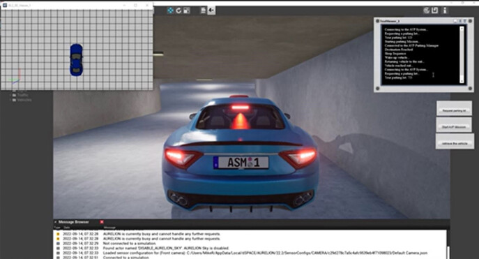 Eksempel på simuleringsbilde: Et virtuelt kjøretøy som har mottatt VMC-kommandoer (Vehicle Motion Control) over 5G-nettverket kjører automatisk til en parkeringsplass i henhold til kontrollinstruksjoner sendt av parkeringshuset.