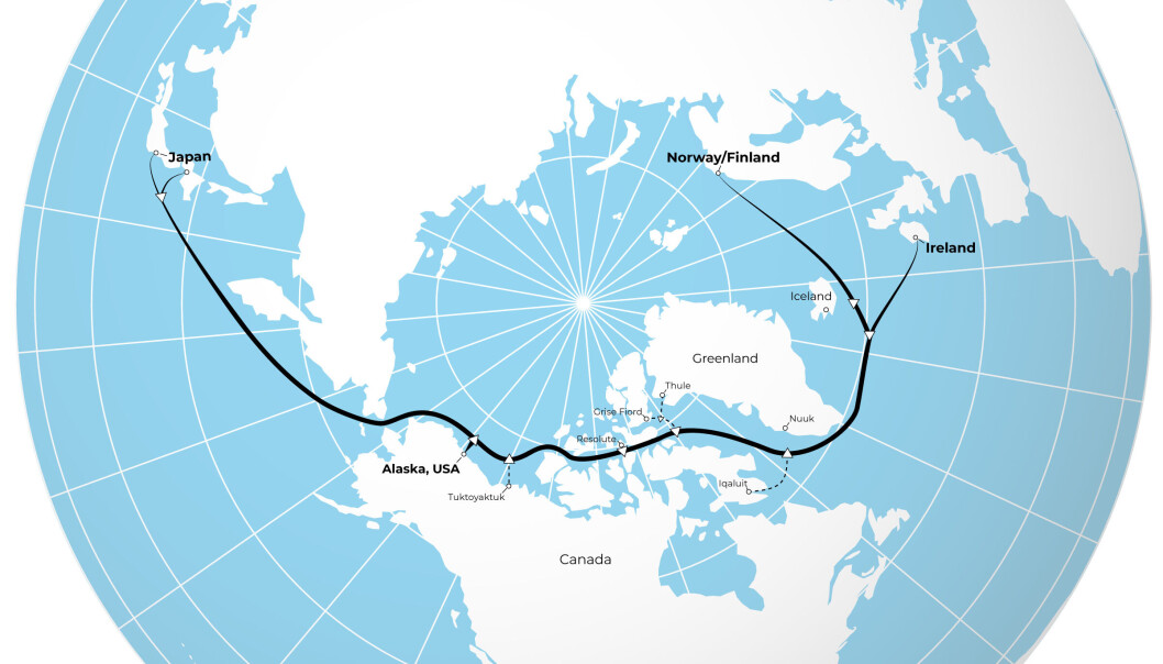 Den planlagte kabelen skal føres fra Nord-Norge via Arktis til Japan, med landinger trolig i Irland, Canada og USA. Den planlagte kabelen skal føres fra Nord-Norge via Arktis til Japan, med landinger trolig i Irland, Canada og USA.