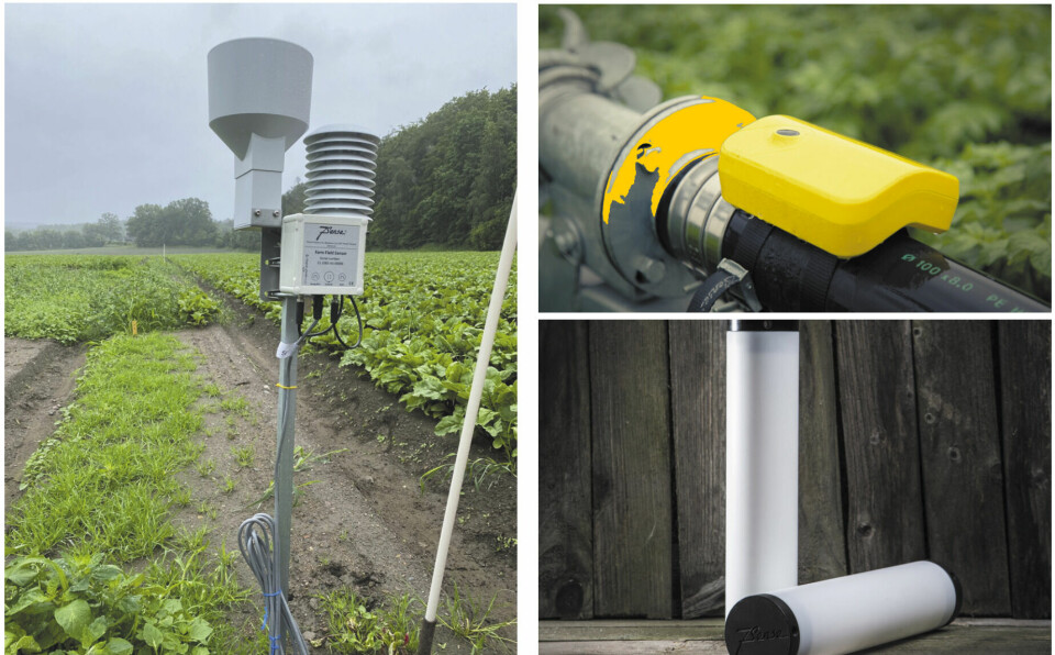 Hovedproduktene: Fra venstre med klokken: Landbruksfeltsensor, vanningssensor og fukt- og temperatursensor. Samtlige produkter opererer med trådløs kommunikasjon.