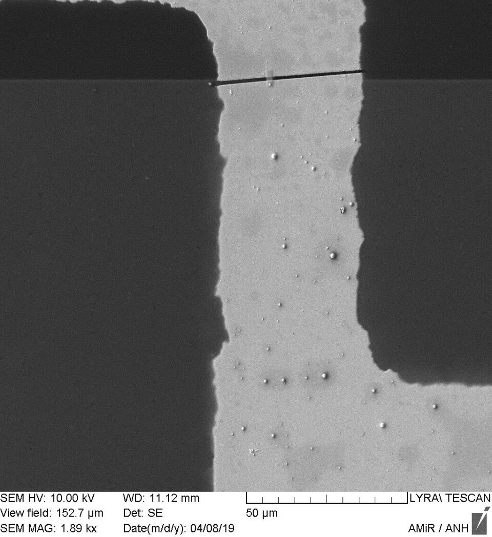 Mikroskopbilde av den resistive «strekklappen» på 4 x 1 mikrometer (um) som danner bro over en 1 um bred spalte i en elektrode over sensormembranen. Når det osmotiske trykket i målekammeret endres, kan variasjonen i resistansen måles. Mikroskopbilde av den resistive «strekklappen» på 4 x 1 mikrometer (um) som danner bro over en 1 um bred spalte i en elektrode over sensormembranen. Når det osmotiske trykket i målekammeret endres, kan variasjonen i resistansen måles.