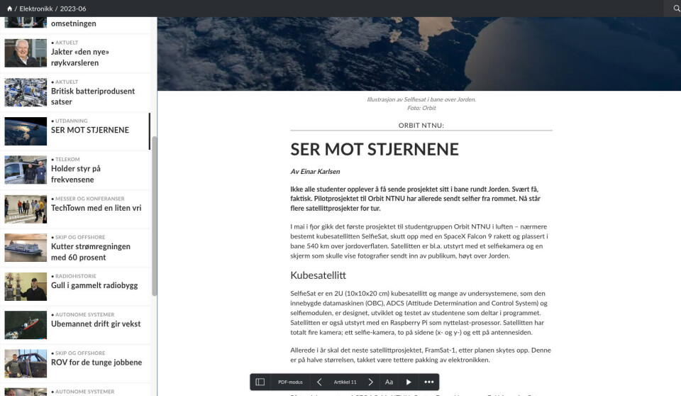 I webversjonen kan du lese artikler som man er vant til på nett - bare klikk på siden i et oppslag. I tillegg har du en liste over alle artikler i utgaven og velger her hva du vil lese videre. Eldre blader (før nr. 6/2023) er fortsatt PDF, men søkbare på tvers av alle utgaver. I webversjonen kan du lese artikler som man er vant til på nett - bare klikk på siden i et oppslag. I tillegg har du en liste over alle artikler i utgaven og velger her hva du vil lese videre. Eldre blader (før nr. 6/2023) er fortsatt PDF, men søkbare på tvers av alle utgaver.