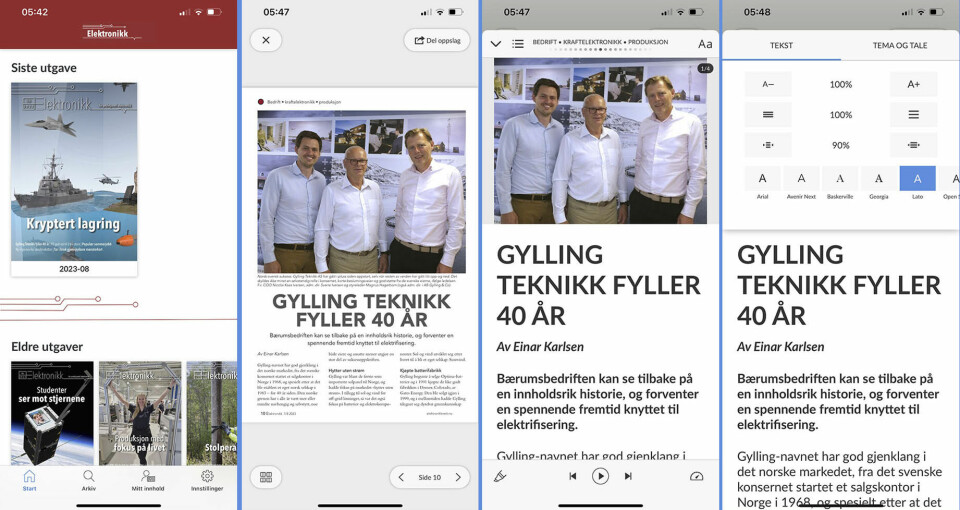 Ny plattform for Elektronikks digitalversjon: Her skjermbilder fra den nye appen som også lanseres. De forskjellige bildene viser også mulighetene for hvordan artikler leses (og høres). Det samme kan gjøres på web-versjonen.