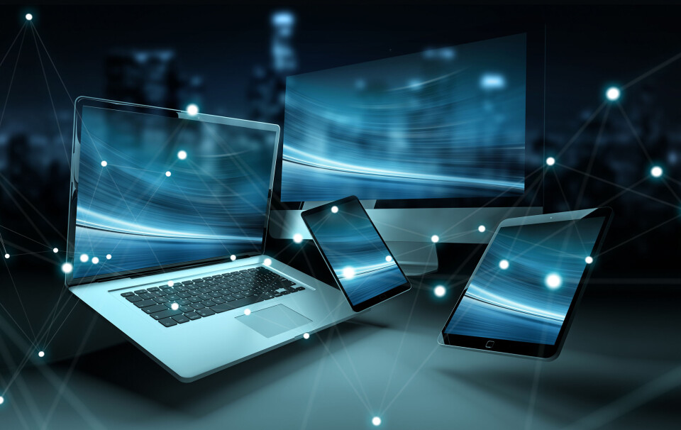 Modern digital tech device connected to each other in dark background 3D rendering Modern digital tech device connected to each other in dark background 3D rendering