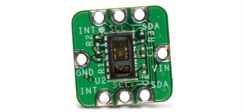 Figur 4: Analog Devices MAXREFDES117 referansedesign for Analog Devices/Maxim Integrated MAX30102 optisk sensor. Figur 4: Analog Devices MAXREFDES117 referansedesign for Analog Devices/Maxim Integrated MAX30102 optisk sensor.