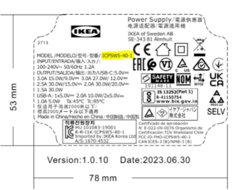 Produktet kan identifiseres ved modellnummeret ICPSW5-40-1 som finnes på etiketten på baksiden av USB-laderen.