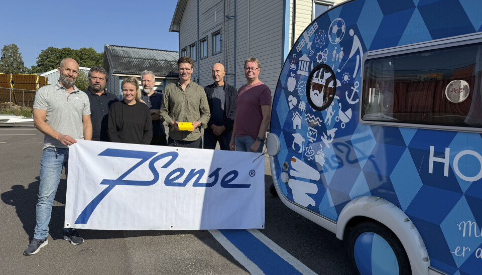 Et utvalg av menneskene bak 7Sense: Max Tangen, daglig leder Sense Agritech, Frode Stensaa, daglig leder, 7Sense Technologies, Hanne Steen, driftssjef, Morten Larsen, senior programvareutvikler, Kasper Olsen, salgssjef, Gerhard Gullaksen, senior programvareutvikler og Kjell Sundby, CTO. «Horten Love»-vogna, utlånt av Horten kommune, sto klar for å bli med til Dyrsku'n i Seljord, som gikk av stabelen 13.-15. september.