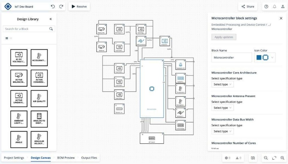 Skjermdump fra CELUS Design Platform: Blokkskjema av IoT utviklingskort.
