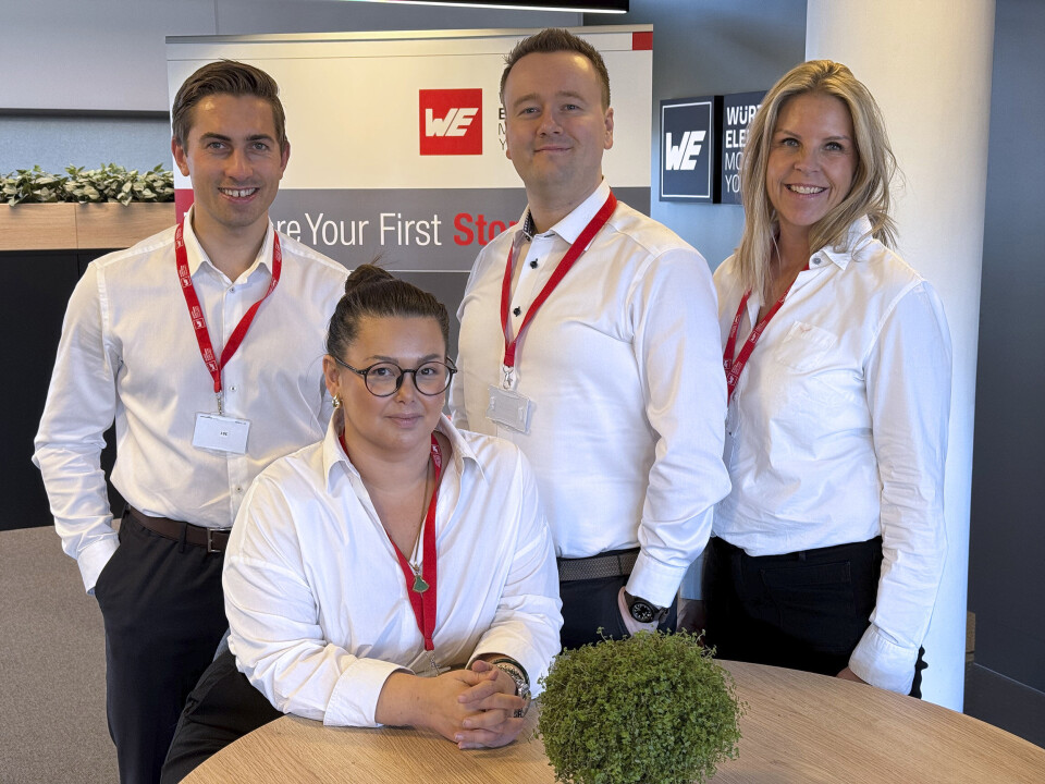 Disse skal nå betjene det norske markedet for Würth Elektronik: Fra venstre: Christoffer Grinaker (Finance Manager), Charisse May Rognaldsen (Internal sales), Kim André Brøndum, daglig leder og Heidi Garthus (Office Manager). Nyansatt uteselger var ikke til stede da bildet ble tatt.