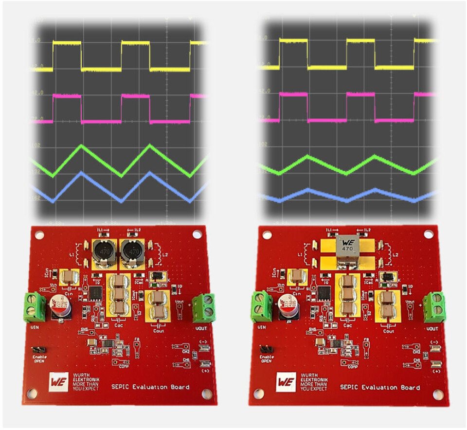 SEPIC-kort for Würth Elektroniks nye applikasjonsnotat: med to ukoblede induktorer (venstre), med en koblet induktor (høyre).