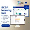 Skjermbilder av ECSA Learning Platform på dataskjerm og nettbrett mot lys bakgrunn.